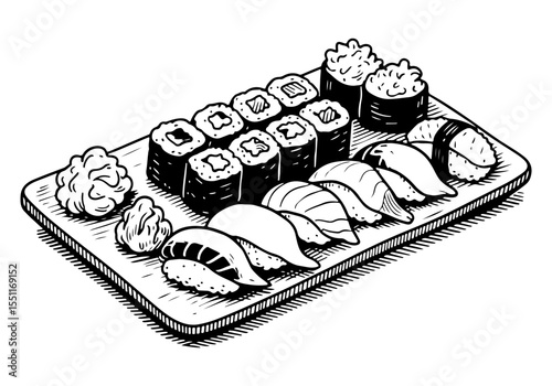 Sushi vector engraving style illustration
