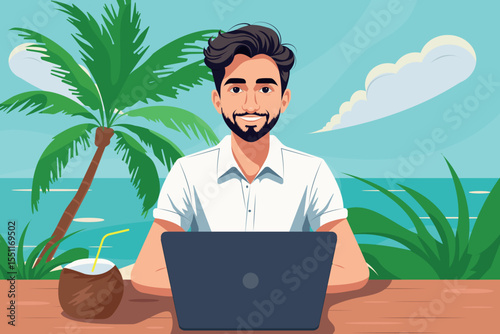 Remote work on tropical beach. Young man freelancer with laptop and coconut drink, working under palm tree. Digital nomad lifestyle illustration. Vector for travel and freelance themes.
