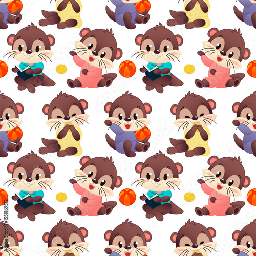 A seamless pattern depicting cartoon otters in different poses. Otters are depicted in bright colors, engaged with balls and toys on a white background. Vector illustration