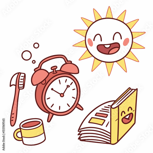 Cute cartoon sun alarm clock toothbrush coffee cup and book for morning routine
