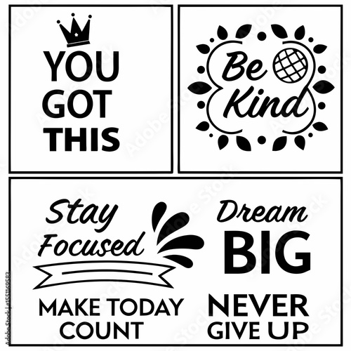 Collection of motivational quotes and phrases with graphic elements
