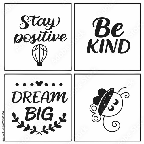 Four inspirational quotes with simple illustrations for positive living
