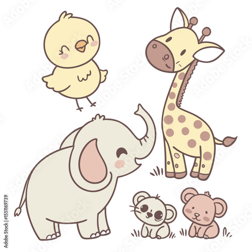 Cute cartoon baby animals including a chick elephant giraffe and two mice