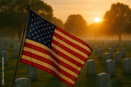 American flag waving in a cemetery with military headstones, Memorial Day theme.
