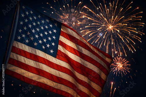 American flag waving with a fireworks display in the background, night scene, 4th of July celebration.