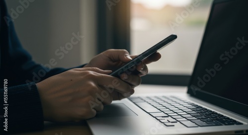 Smartphone use next to a laptop, indoor window light, close-up on hands.