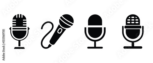 Black Microphone Audio Sound Recording Device Icons Set

