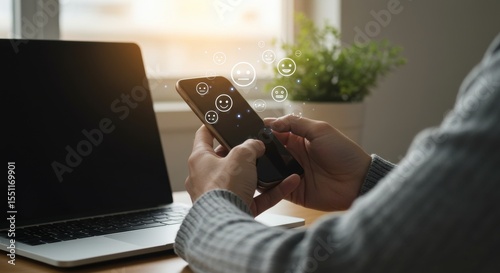 Digital feedback: Hands holding phone with floating emotion icons near laptop & plant.