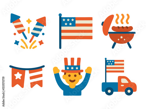 Six festive Fourth of July icons, perfect for patriotic designs, posters, and holiday graphics.