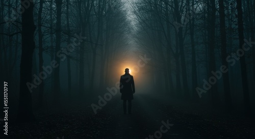 Silhouette in Fog: Glowing Figure in Dark Forest.
