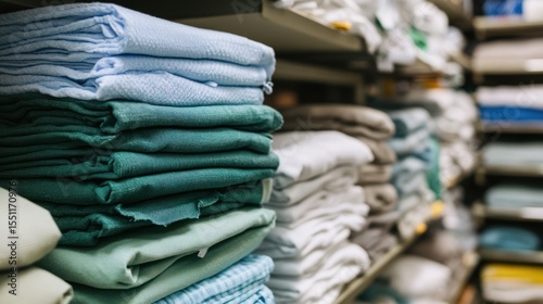 Hospital linens stacked on shelves