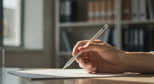 Hand with stylus writing on paper, soft light, office bookshelf background.