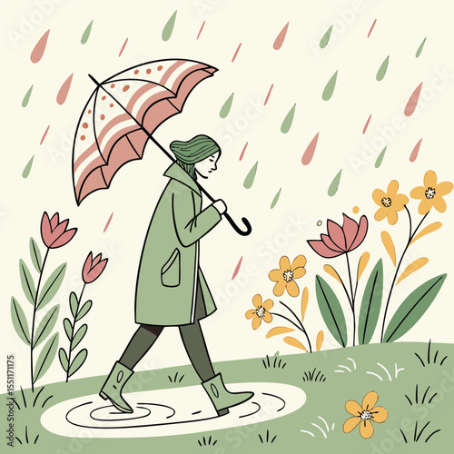 Spring Rain and Umbrella Illustration.
