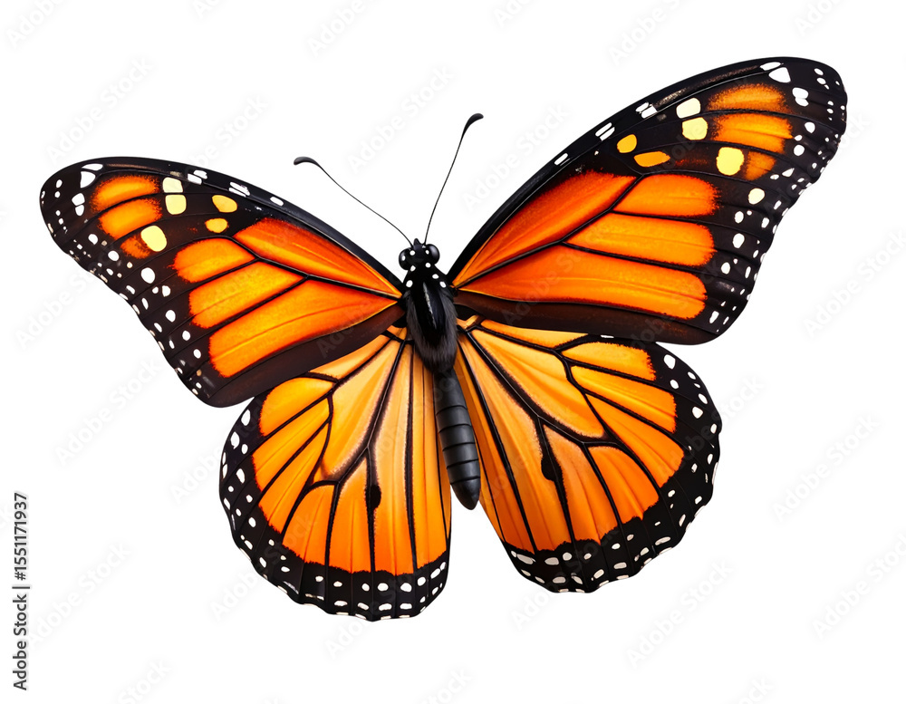 Fototapeta premium Realistic Monarch Butterfly with Open Wings, isolated on a transparent background.