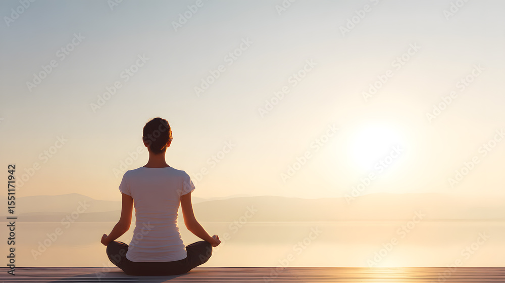 Calm woman meditating at sunrise outdoors with mountains in the background. Peaceful morning moment for mindfulness and relaxation. Calm woman meditating at sunrise outdoors with mountains in the background. Peaceful morning moment for mindfulness and relaxation.