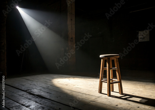 Lonely Wooden Stool On Dark Stage Under Spotlight