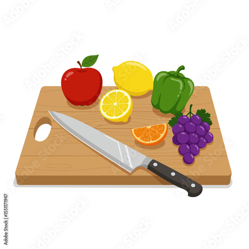 Fresh fruits and vegetables on a wooden cutting board with a knife