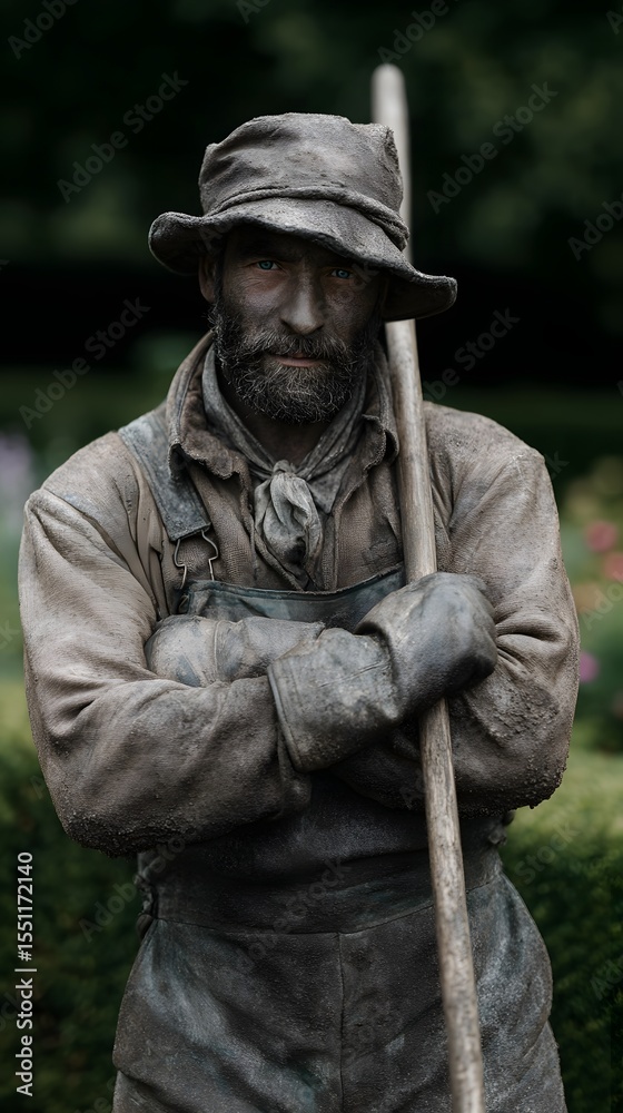 Obraz premium Weathered Gardener with Rake Standing Outdoors
