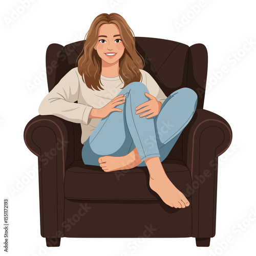 Young woman relaxing in a comfortable armchair enjoying leisure time at home