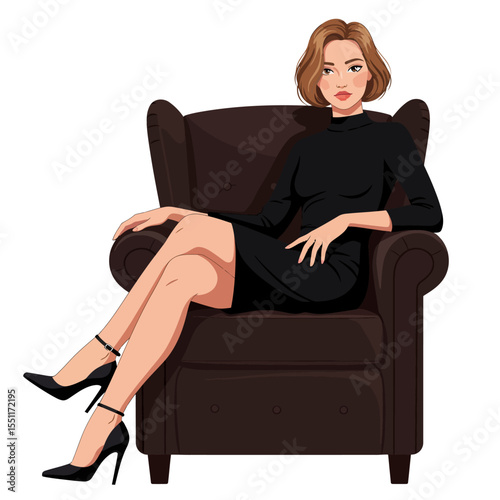 Elegant woman in black dress sitting in armchair vector illustration