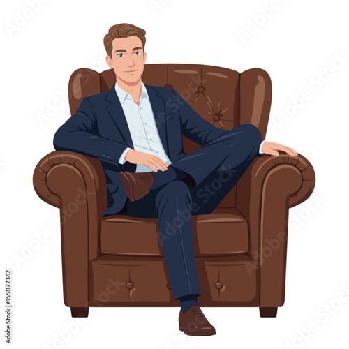 Confident Businessman Relaxing in a Leather Armchair Isolated on White Background