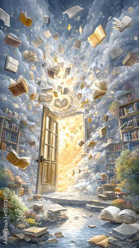 Back to School Kids with Supplies A magical library door opens to a world of books. Classroom Learning in School Season Education and Preparation for New Term