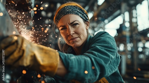 A determined female welder skillfully welds metal, showcasing her expertise while sparks fly around her in a dynamic industrial environment filled with energy and focus.