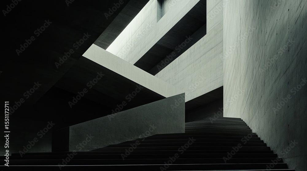 Fototapeta premium A dramatic, minimalist concrete staircase ascends within a stark, geometric interior space, bathed in shadows and highlighted by subtle light sources