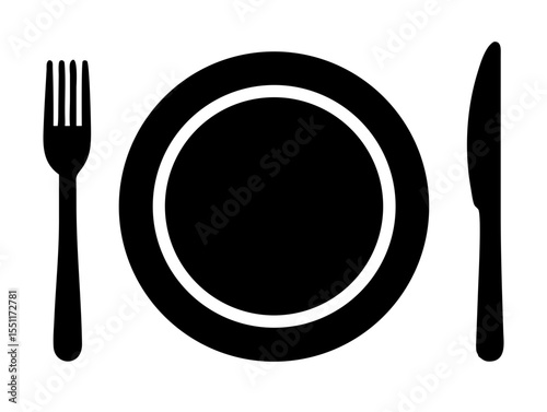 Plate, fork and knife. Vector illustration