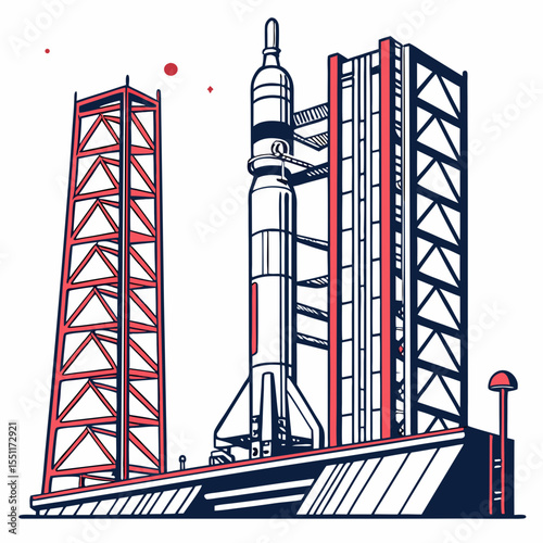 Stylized space rocket launch platform for a bold, modern conceptual exploration