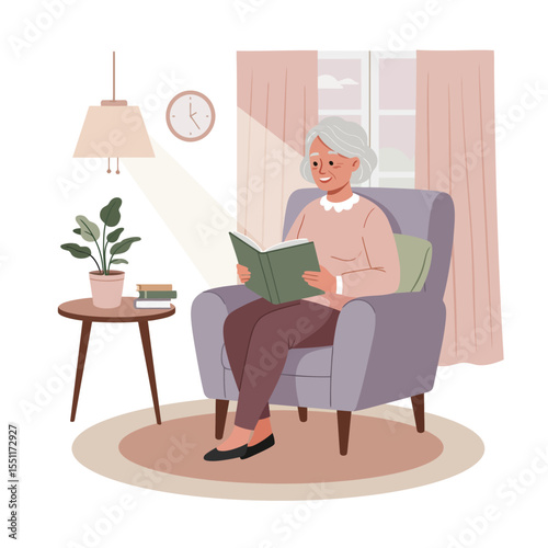 Senior woman reading a book in her cozy living room at home