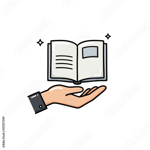 Hand presenting an open book symbolizing knowledge acquisition education and learning opportunities wisdom guidance and the power of information for readers and students in a