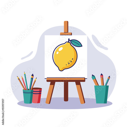 Lemon Drawing on Easel with Colored Pencils in Studio Illustration