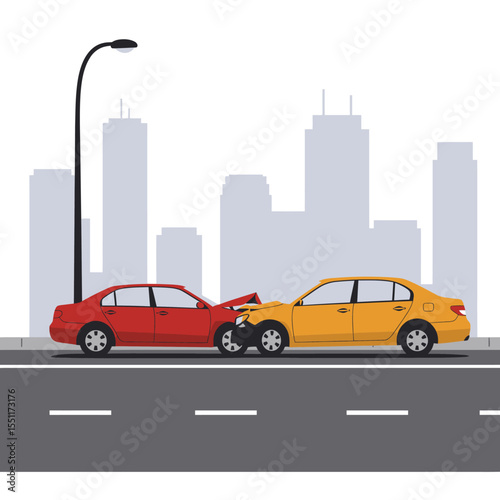 Cartoon illustration of a car accident on a city street with buildings