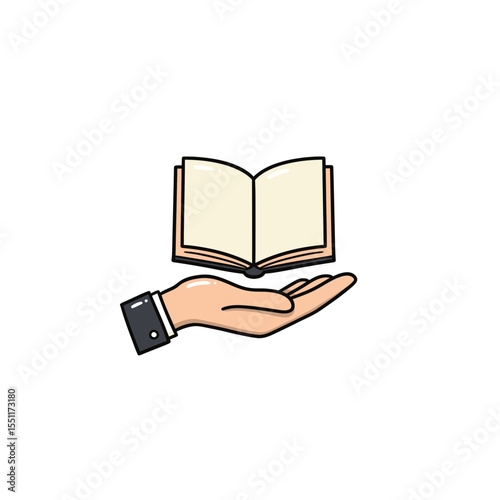 Professional vector illustration showing an open book resting in an outstretched hand symbolizing learning education knowledge wisdom literacy reading research information study
