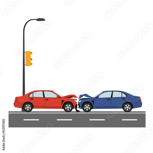 Cartoon illustration of a car accident with two damaged vehicles