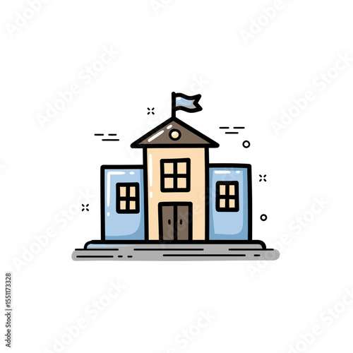 Simple vibrant graphic illustration depicting an educational building structure representing academic learning and campus life for students and teachers pursuing knowledge and