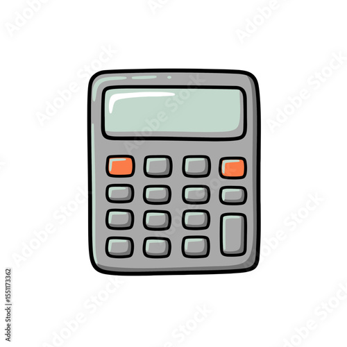 Professional hand drawn graphic illustration of a gray electronic calculation device featuring tactile buttons and digital display perfect for mathematical computations