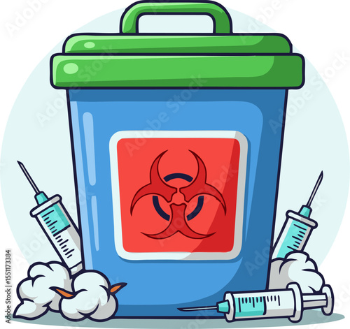 Cartoon depiction of biohazard waste bin with syringes and cotton swabs.