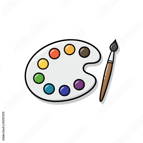 Colorful paint palette and paintbrush cartoon doodle illustration vibrant creative art tool kit for artistic expression and inspiration simple graphic isolated white background