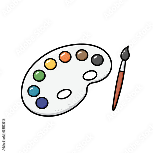 Colorful Paint Palette and Artist Brush Simple Cartoon Illustration Artistic Tools for Creative Projects Education Supplies Art Supplies White Background Vector Graphic