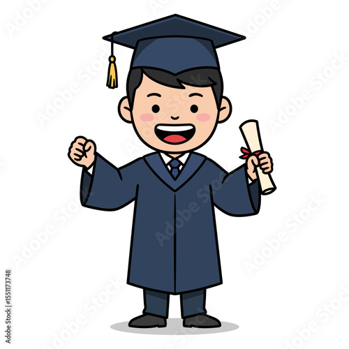 Cheerful cartoon student achieving educational goal happily celebrates graduation day holding diploma scroll wearing cap and gown symbol of academic success and bright future