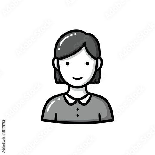 Simple minimalist black and white line drawing illustration of a smiling female avatar icon profile picture representation vector graphic symbol head and shoulders bust isolated