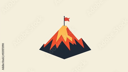 Red flag planted on top of the mountain. A mountain peak with a flag at very top symbolizing breaking down barriers and achieving goals