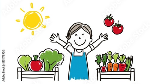 Grocery worker in apron. Simple clip art of a happy person with arms raised, standing in front of an open vegetable garden and lots of vegetables on the ground