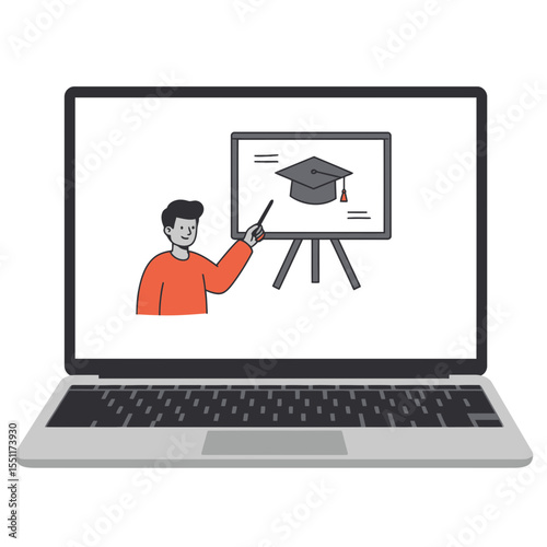 E learning platform on laptop screen showing online teacher presentation with graduation cap remote education concept digital classroom webinar flat illustration