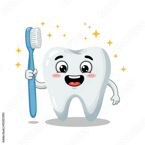 Cute Tooth Character with Toothbrush Promoting Dental Hygiene and Oral Care