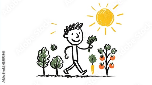 Vegetable garden enjoyer. A stick figure person is walking happily while carrying vegetables in their hands, with sunshine behind them