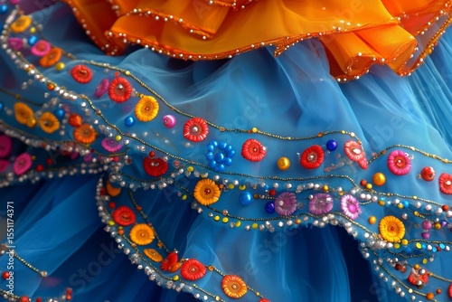 Vibrant blue and red traditional carnival costume details during Brazilian festivities in Rio de Janeiro