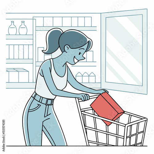 Modern supermarket scene featuring a woman shopping for groceries with a cart